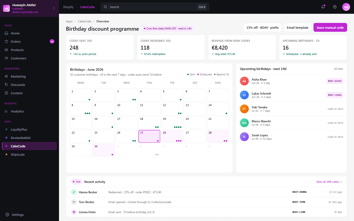 A birthday-discounts app built with AppApprove — Shopify-admin-embedded with 4 KPI tiles, a monthly birthday calendar showing per-day customer-birthday dot counts colour-coded by send status, an upcoming-birthdays list with pre-generated BDAY- codes, and a recent-redemptions activity timeline.