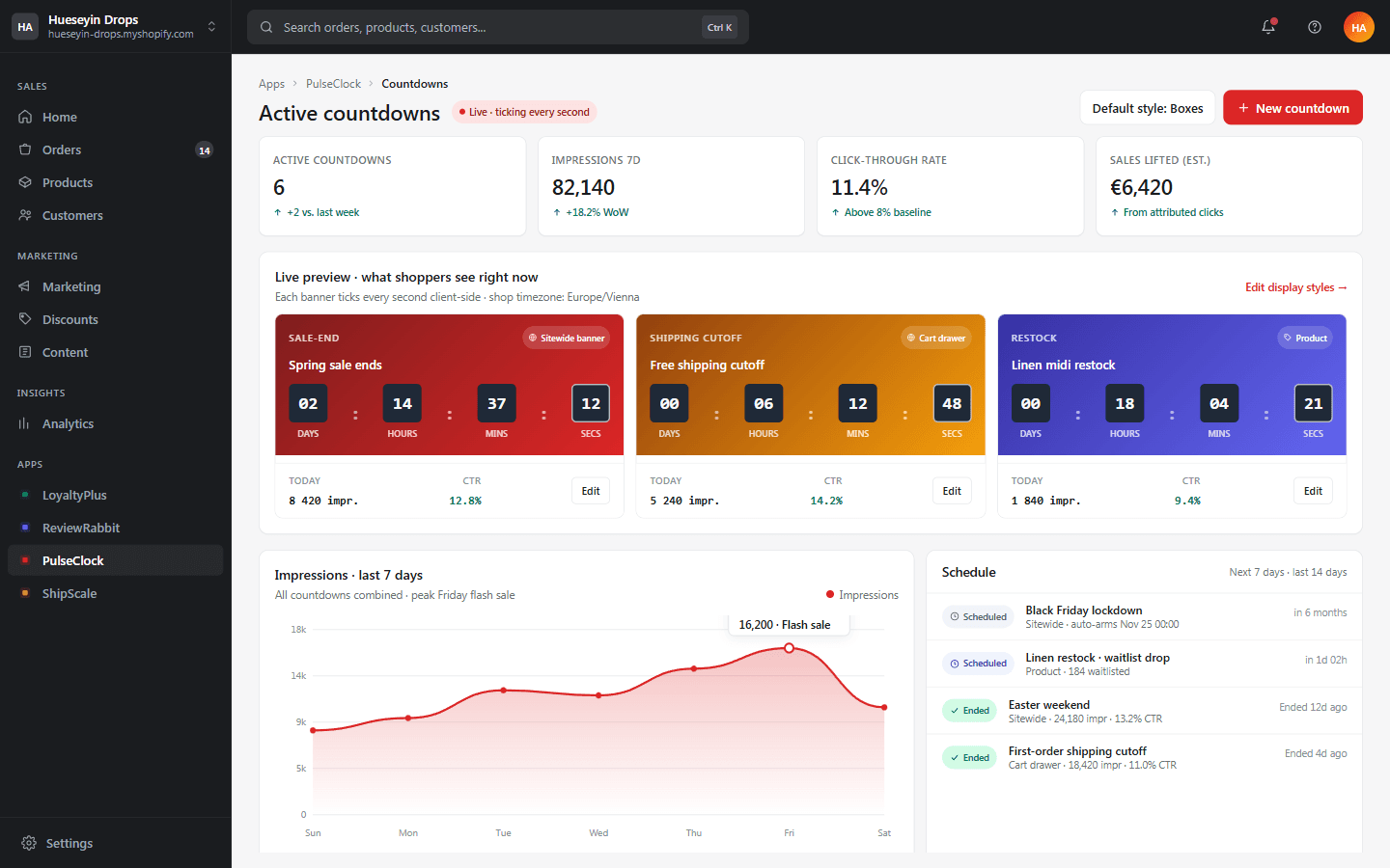 A countdown-timer app dashboard built with AppApprove — Shopify-admin-embedded with 4 KPI tiles, three live countdown preview cards showing digital-clock digits per scope (sale-end / shipping-cutoff / restock), a 7-day impressions area chart, and a schedule list.