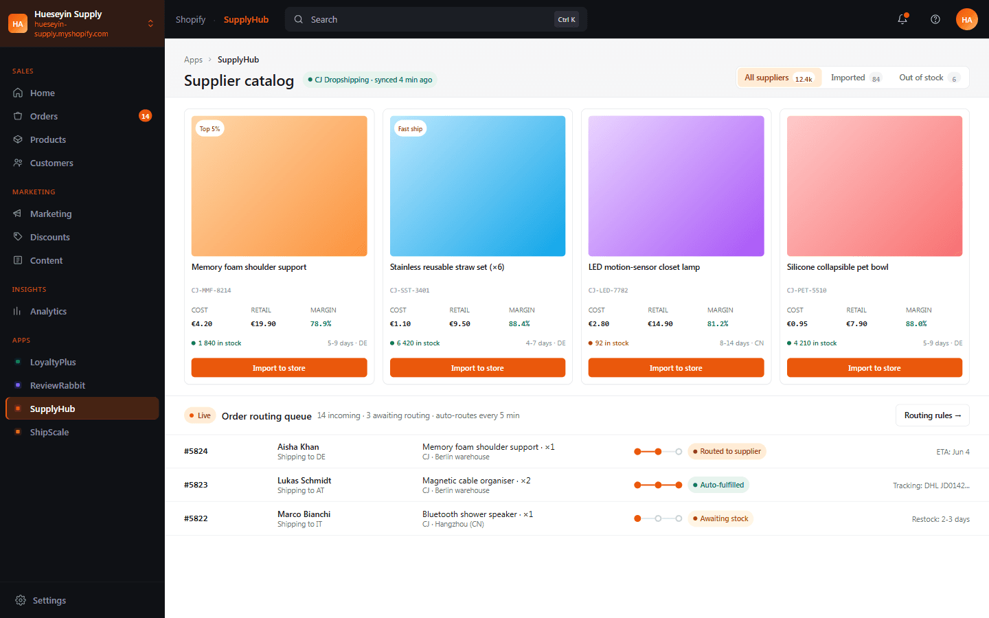 A dropshipping app built with AppApprove — Shopify-admin-embedded with supplier product catalog and live order-routing queue with per-order supplier pipeline stages.