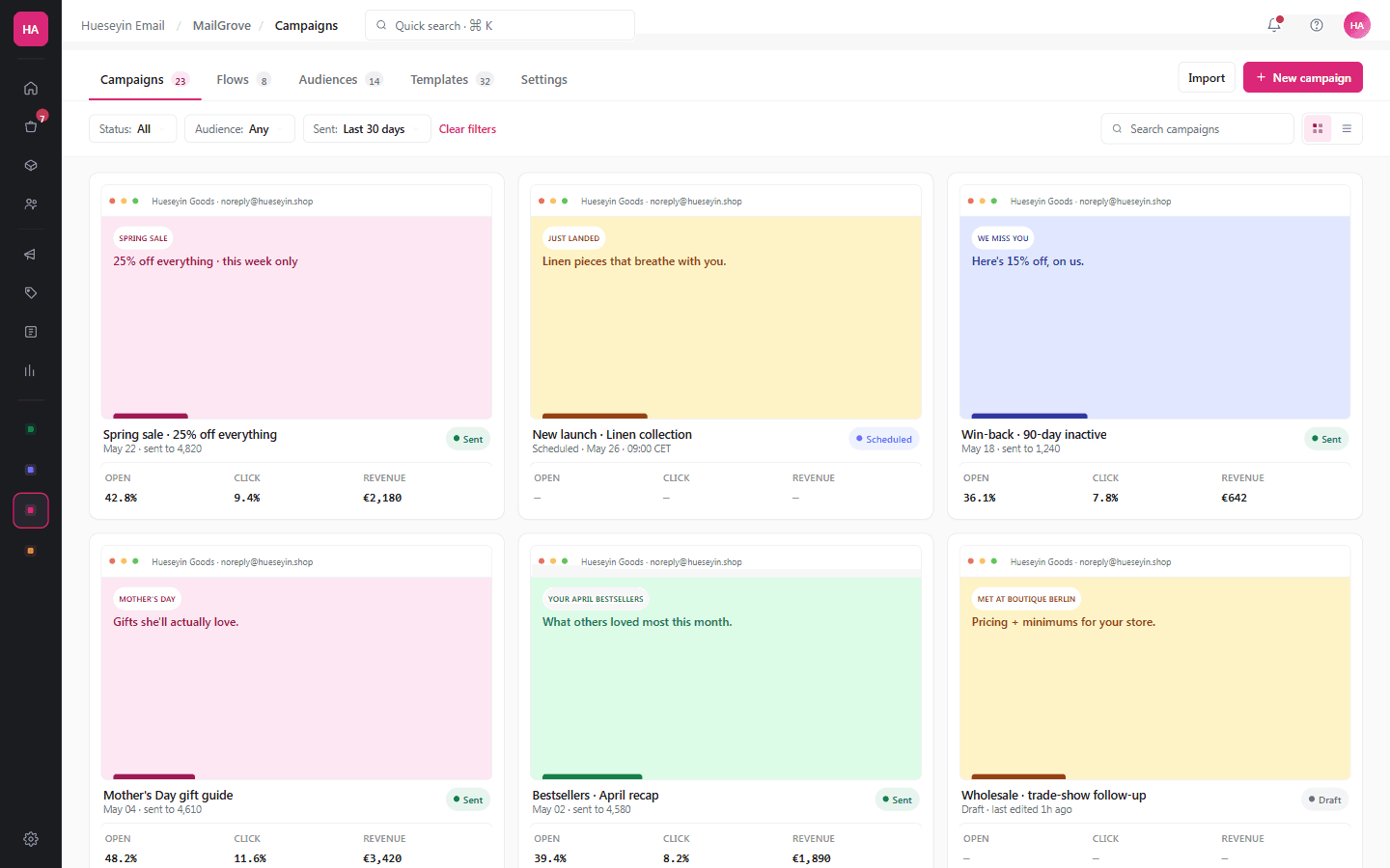 An email marketing app built with AppApprove — Shopify-admin-embedded with tab navigation, campaign gallery of email preview thumbnails, and per-campaign open/click/revenue metrics.