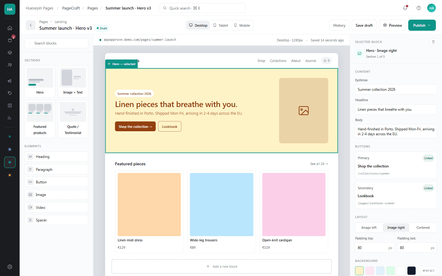 A page-builder app built with AppApprove — Shopify-admin-embedded visual editor with blocks palette, live storefront canvas preview, and per-block properties panel.