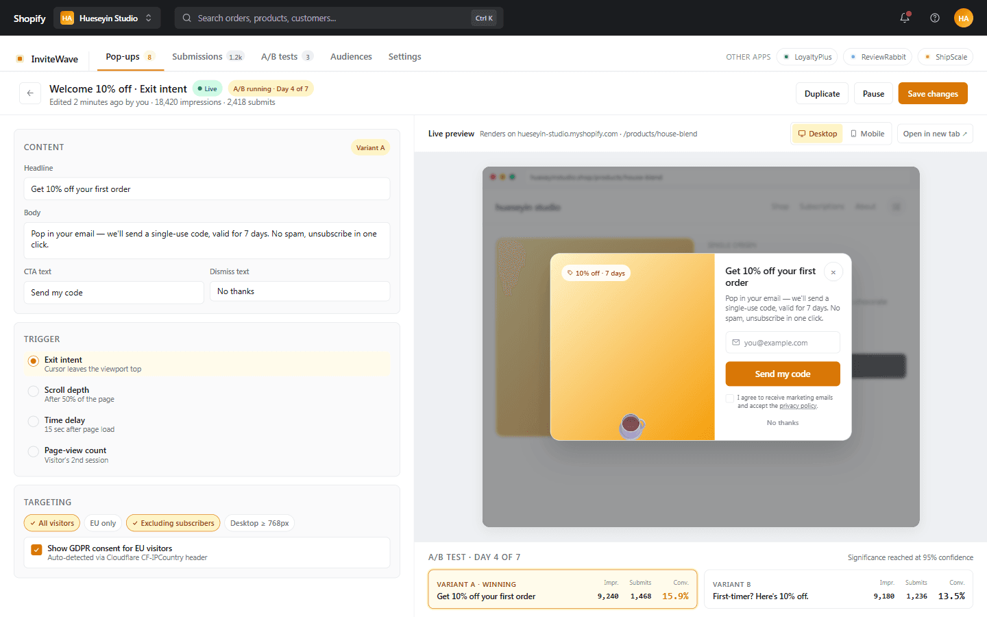 An email-capture pop-ups app built with AppApprove — Shopify-admin-embedded with the pop-up editor on the left (content / trigger / targeting), live storefront preview with the rendered pop-up overlay on the right, and an A/B variant performance row at the bottom.