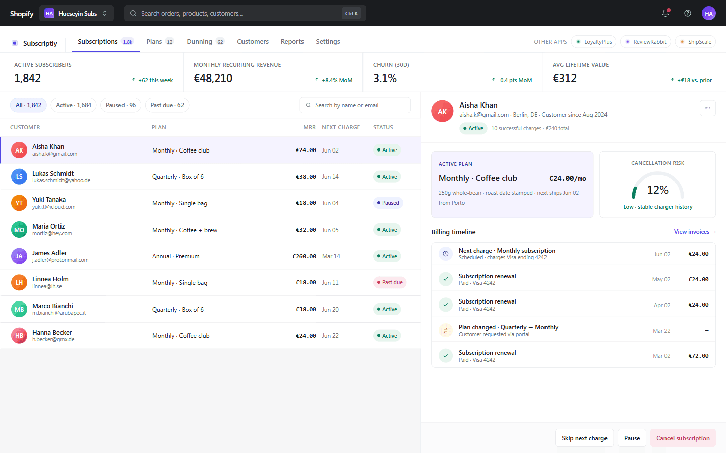 A subscriptions management app built with AppApprove — Shopify-admin-embedded split-view with active subscriptions list, customer detail panel with billing timeline, and cancellation-risk gauge.